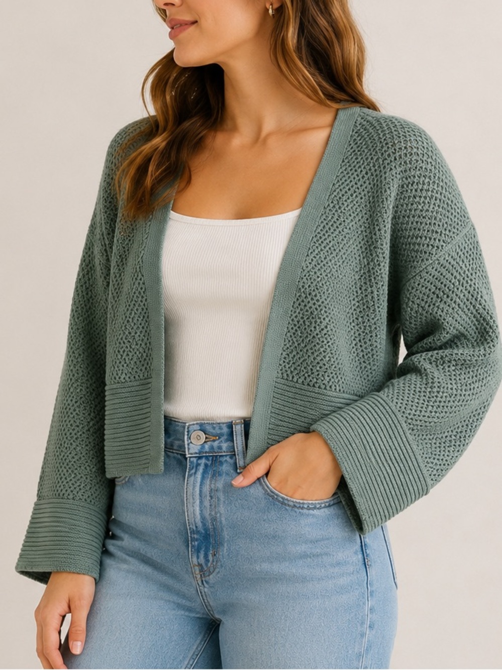Mi Ami Open-Front Knit Cardigan in Sage